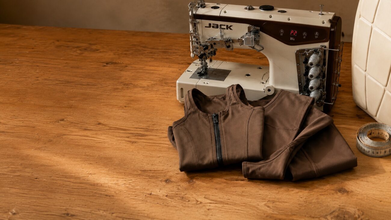 Máquina de coser industrial y fajas dobladas junto a una cinta métrica en el taller de alteraciones de Casa Colombia